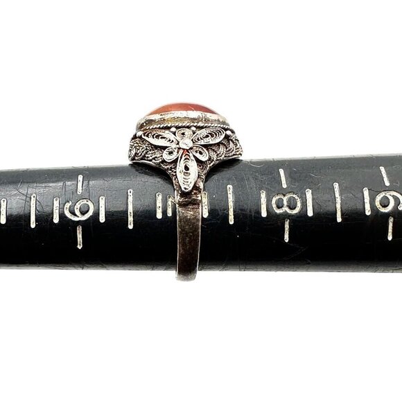 Vintage Chinese Export Carnelian Sterling Silver Filigree Adjust Ring Set at 7 - Picture 6 of 7